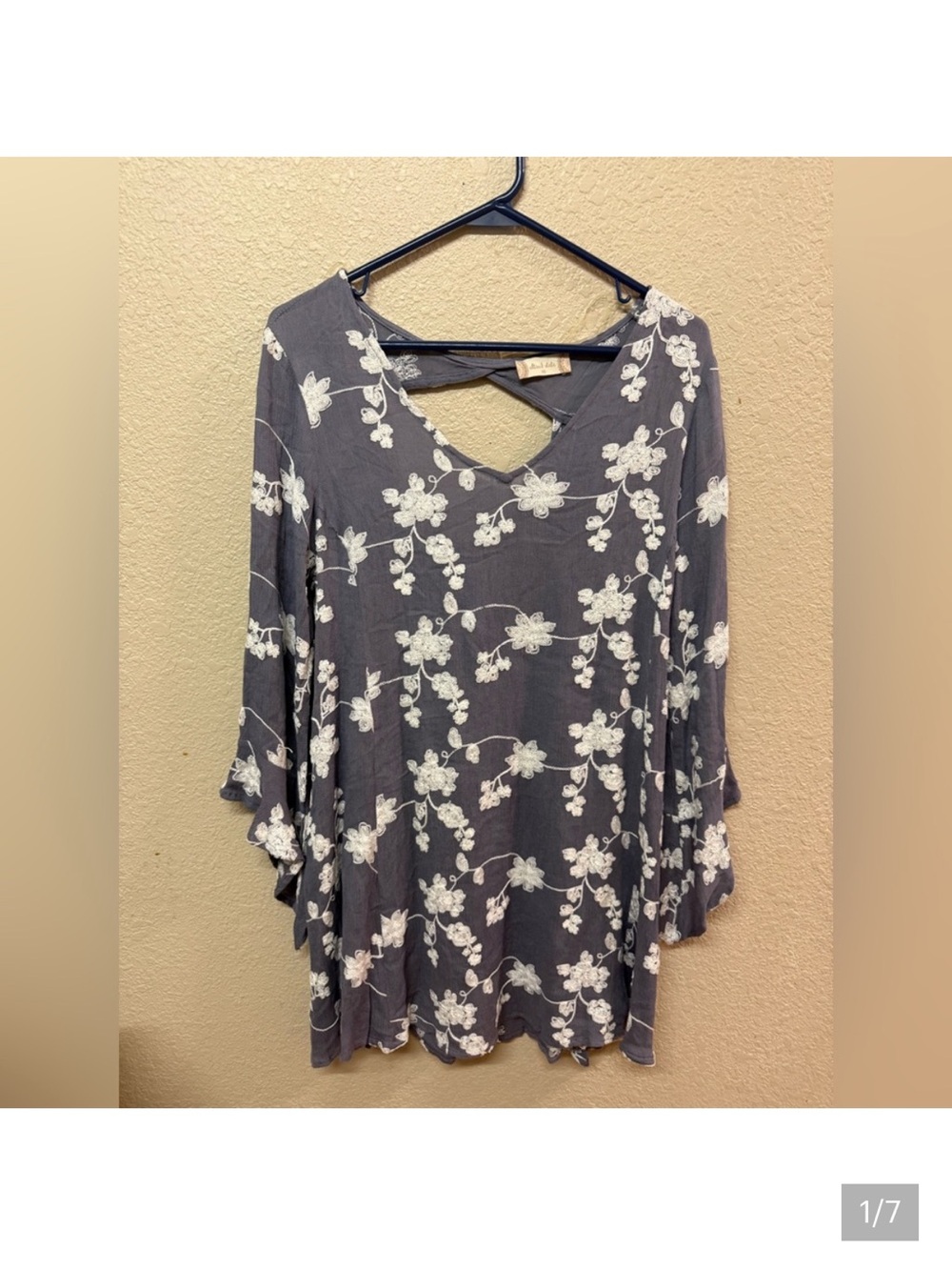 Altar'd State Gray Floral Lace-Overlay V-Neck Blouse